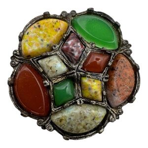 Vintage Scottish-Style Agate Stone Mosaic‎ Brooch 1.25” Round Multi-Color